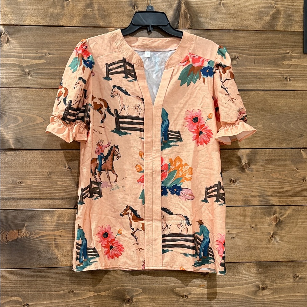 Boutique Peach cowboy /country  Print Women's Blouse